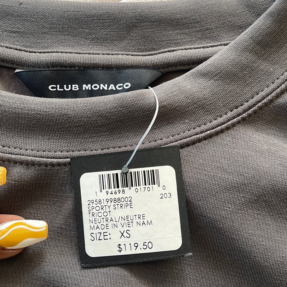 Club Monaco sporty stripe tricot shirt  strips black and grey design on side